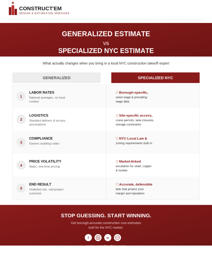 Infographic comparing generalized construction cost estimates to specialized NYC estimates across labor rates, logistics, compliance, price volatility, and bid accuracy — Constructem USA
